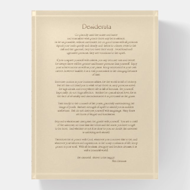 Desiderata with Brown Leather Look Text Paperweight (Vertical)