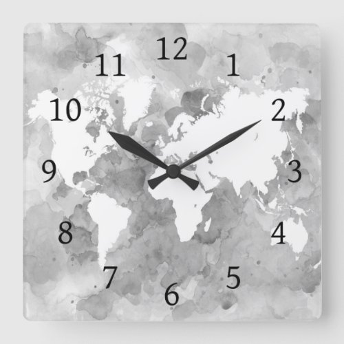Design 49 World Map Grayscale Square Wall Clock