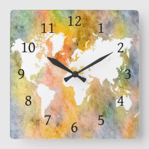 Design 63 world map orange square wall clock