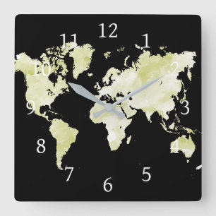 Design 73 black green world map square wall clock