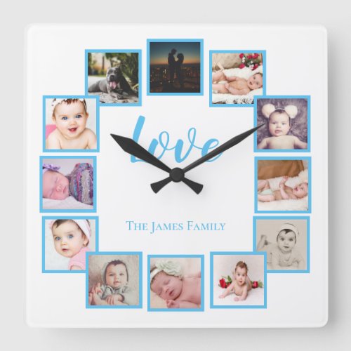Design a 12 Photo Collage Personalized Blue Square Wall Clock