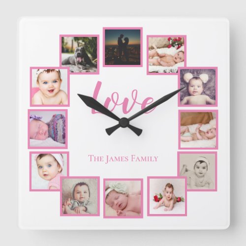 Design a 12 Photo Collage Personalized Pink Square Wall Clock