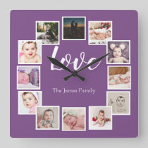Design a 12 Photo Collage Personalized Purple Square Wall Clock