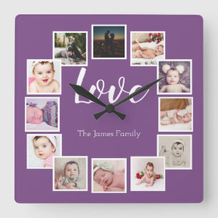 Design a 12 Photo Collage Personalized Purple Square Wall Clock