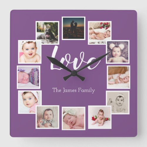Design a 12 Photo Collage Personalized Purple Square Wall Clock