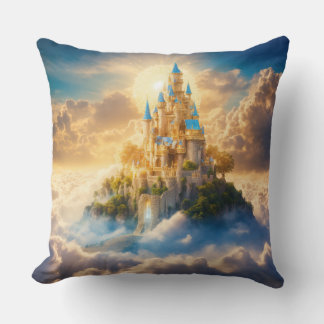Design a dreamlike scene of a castle on a cloud  throw pillow