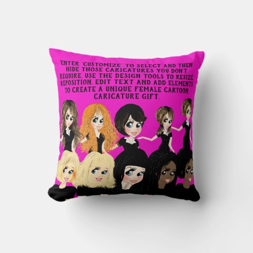 Design a Female Cartoon Caricature Gift with Text Throw Pillow