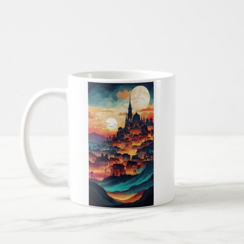 Design a serene scene of a waterfall in a peaceful coffee mug