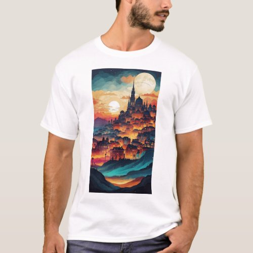 Design a serene scene of a waterfall in a peaceful T_Shirt