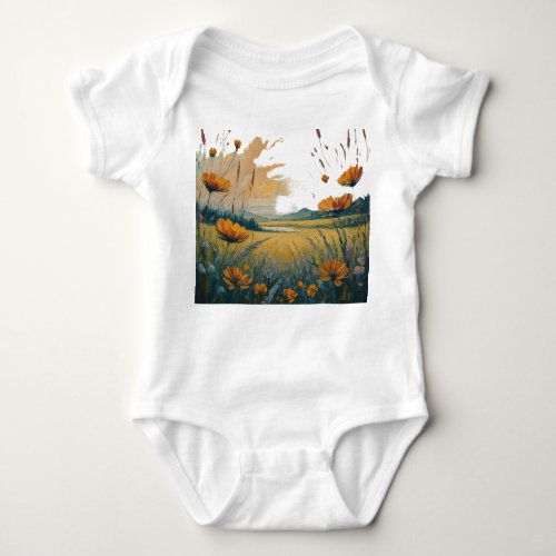 Design a tranquil scene of a meadow with wildflowe baby bodysuit