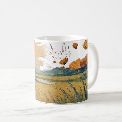Design a tranquil scene of a meadow with wildflowe coffee mug
