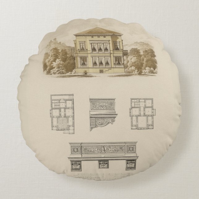 Design for an Estate with Interior Plans Round Pillow (Front)