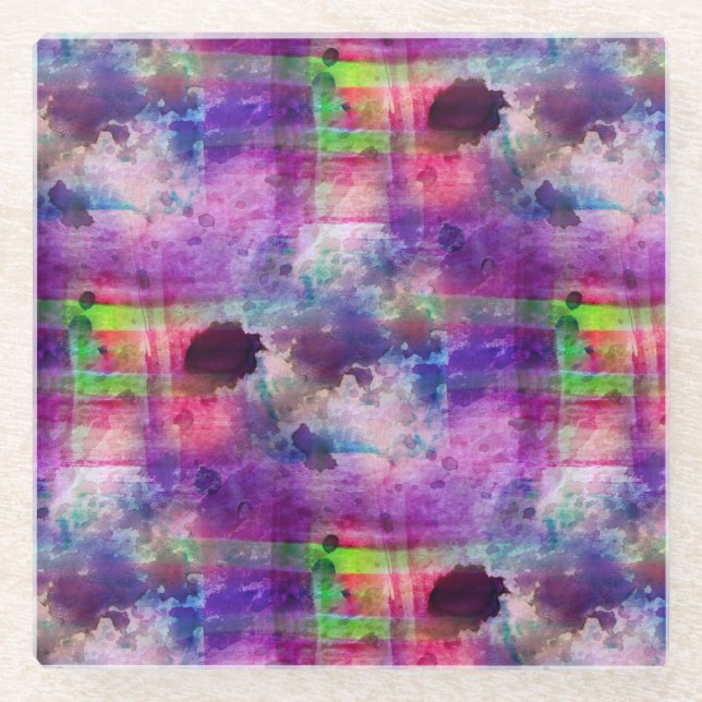 Design green, purple texture watercolor glass coaster (Front)