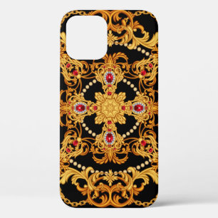 Design of silk scarf with ruby gem stones and gold iPhone 12 case