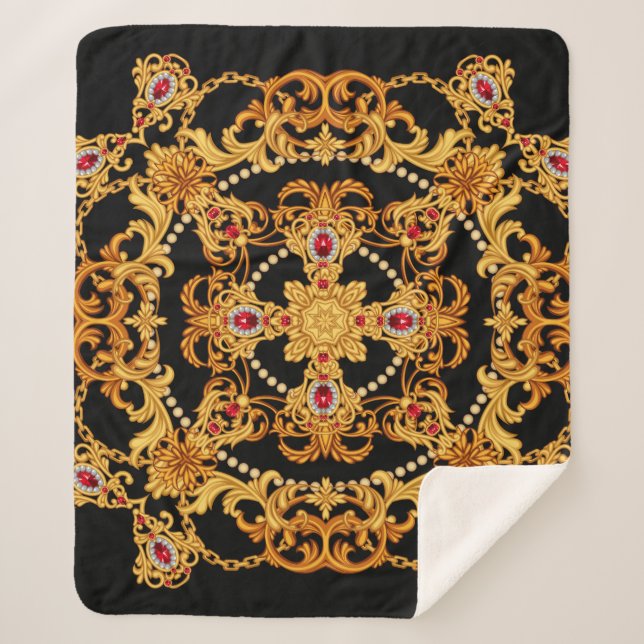 Design of silk scarf with ruby gem stones and gold sherpa blanket (Front)