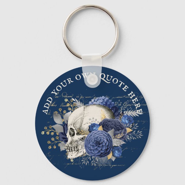 Design Own Gothic Skull Blue Roses Goth Death Keychain (Front)