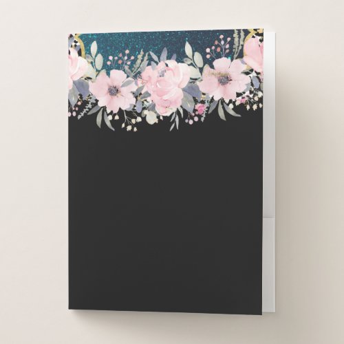 Design Own Stationery Girly Flowers Blue Glitter Pocket Folder