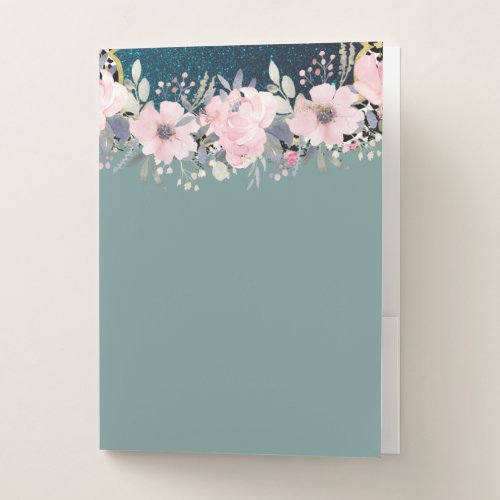Design Own Stationery Girly Flowers Blue Glitter Pocket Folder