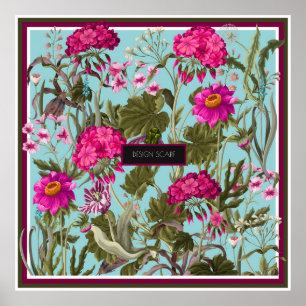 Design scarf with geraniums and wild flowers. Tren Poster