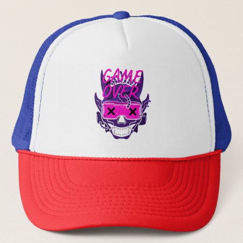design theme game over isolated white background trucker hat
