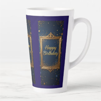 Design with a golden frame on a navy blue color latte mug