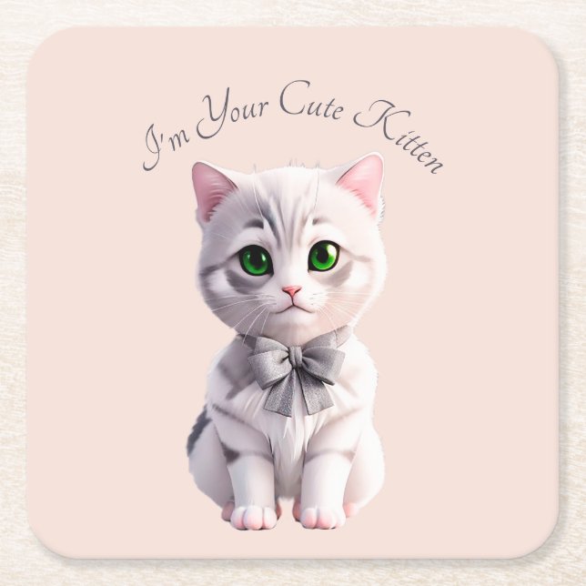 Design with cute gray kitten square paper coaster (Front)