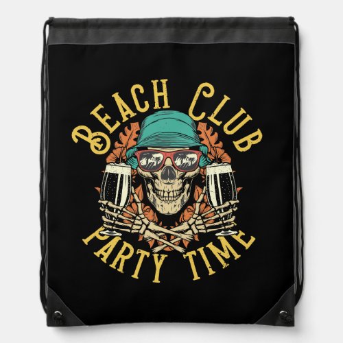 design with illustration of happy skull and beer drawstring bag