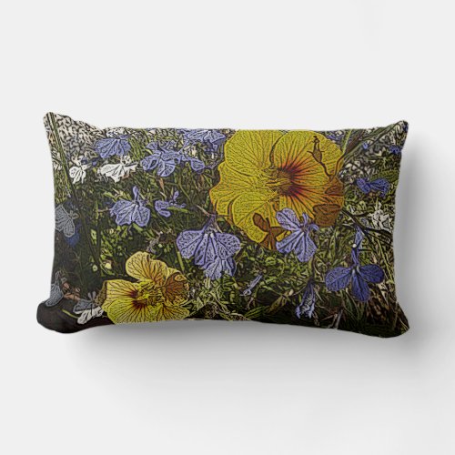 design with lots of yellow blue and white flowers lumbar pillow