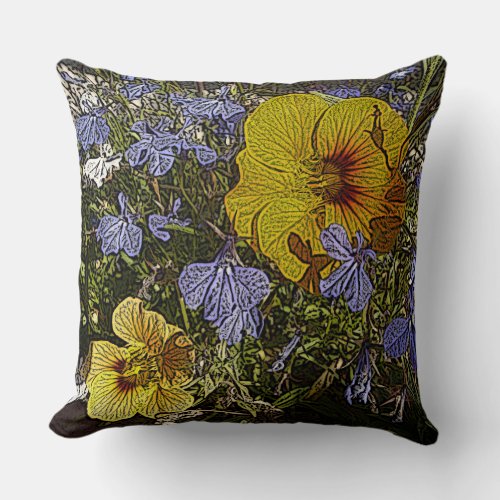 design with lots of yellow blue and white flowers throw pillow