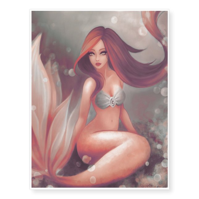 Design with mermaid under water. Anime girl Temporary Tattoos (Front)
