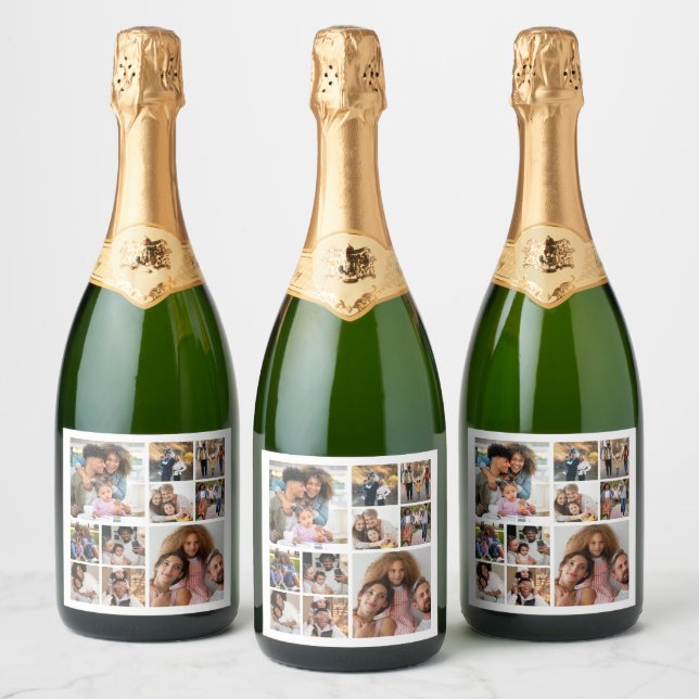 Design Your Own 10 Photo Collage Sparkling Wine Label (Bottles)