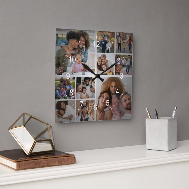 Design Your Own 10 Photo Collage Square Wall Clock (Office)