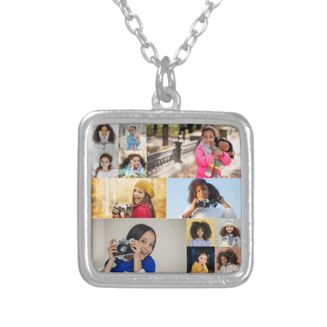 Design Your Own 12 Photo Collage Silver Plated Necklace (Front)