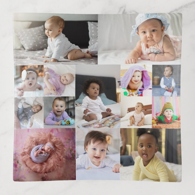 Design Your Own 14 Photo Collage Trinket Tray (Front)