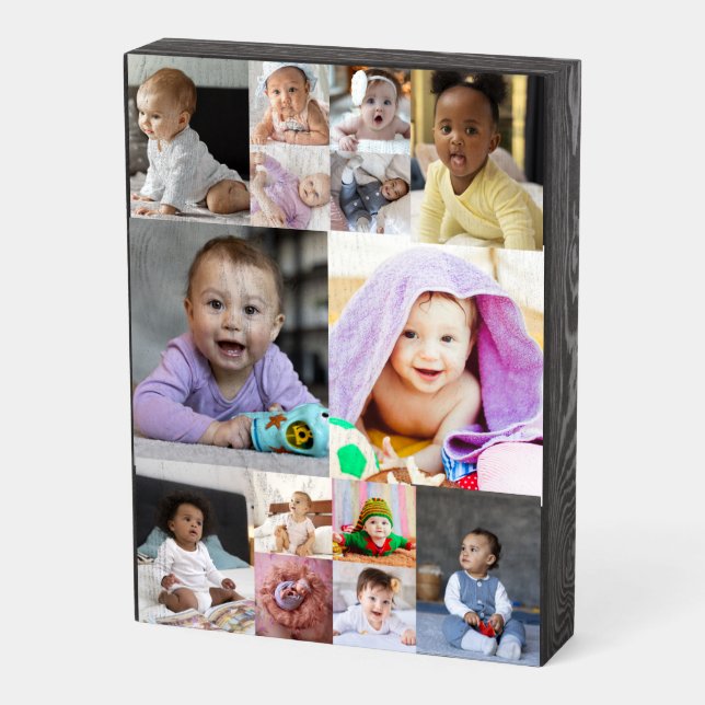 Design Your Own 14 Photo Collage Wooden Box Sign (Angled Vertical)