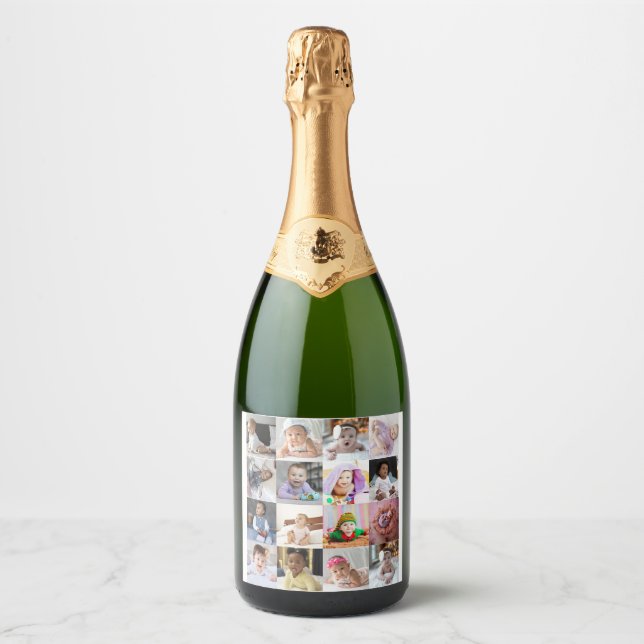 Design Your Own 16 Photo Collage Sparkling Wine Label (Front)