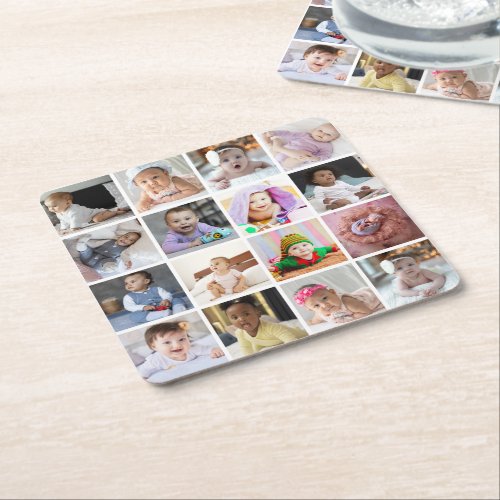 Design Your Own 16 Photo Collage Square Paper Coaster