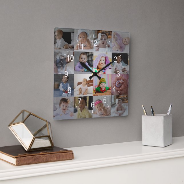 Design Your Own 16 Photo Collage Square Wall Clock (Office)