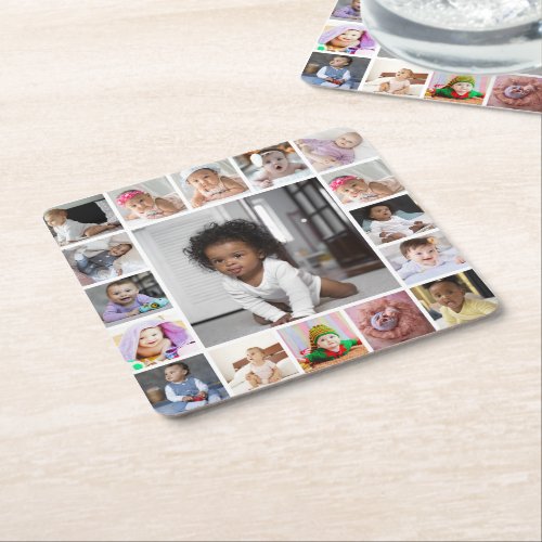 Design Your Own 17 Photo Collage Square Paper Coaster