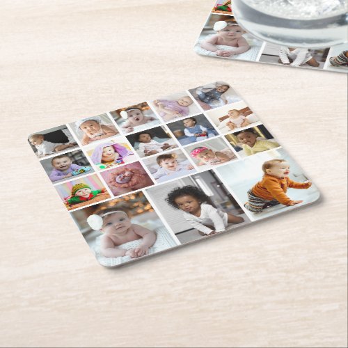 Design Your Own 18 Photo Collage Square Paper Coaster