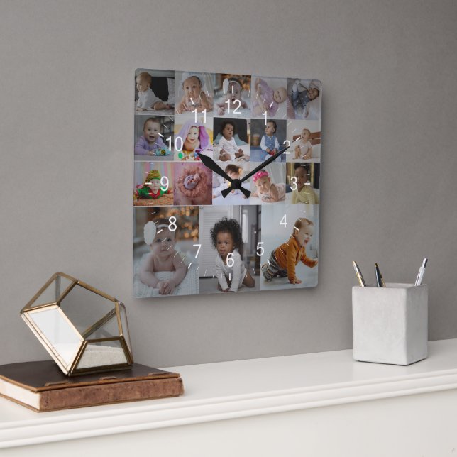 Design Your Own 18 Photo Collage Square Wall Clock (Office)
