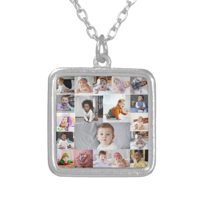 Design Your Own 19 Photo Collage Silver Plated Necklace (Front)