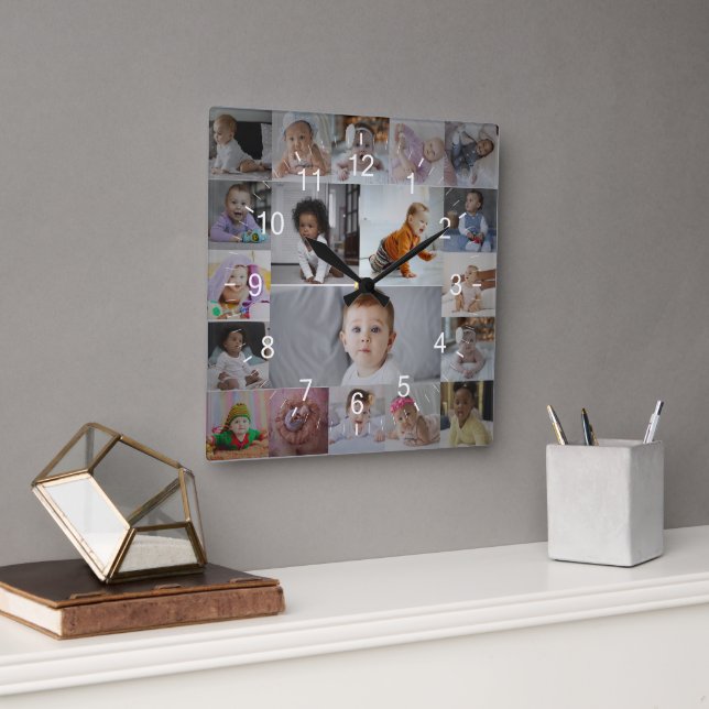 Design Your Own 19 Photo Collage Square Wall Clock (Office)