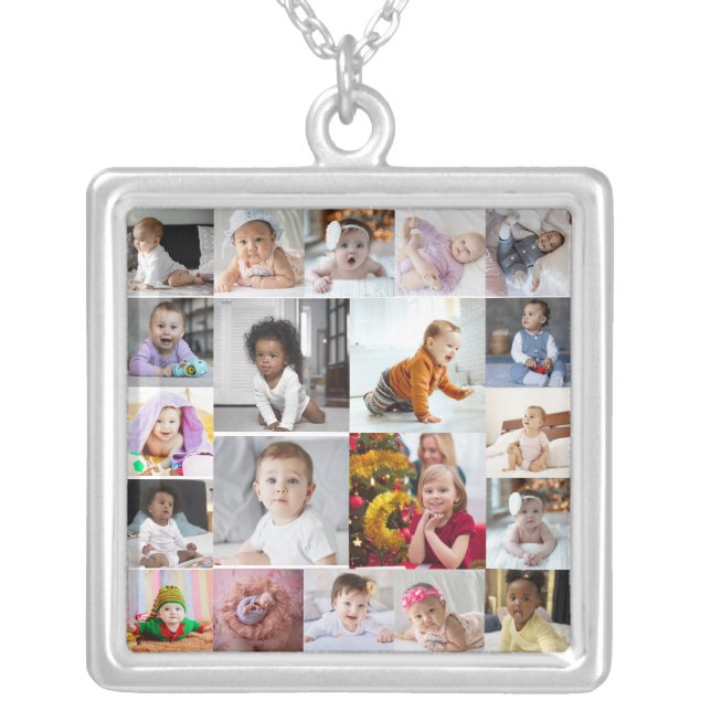 Design Your Own 20 Photo Collage Silver Plated Necklace (Front)