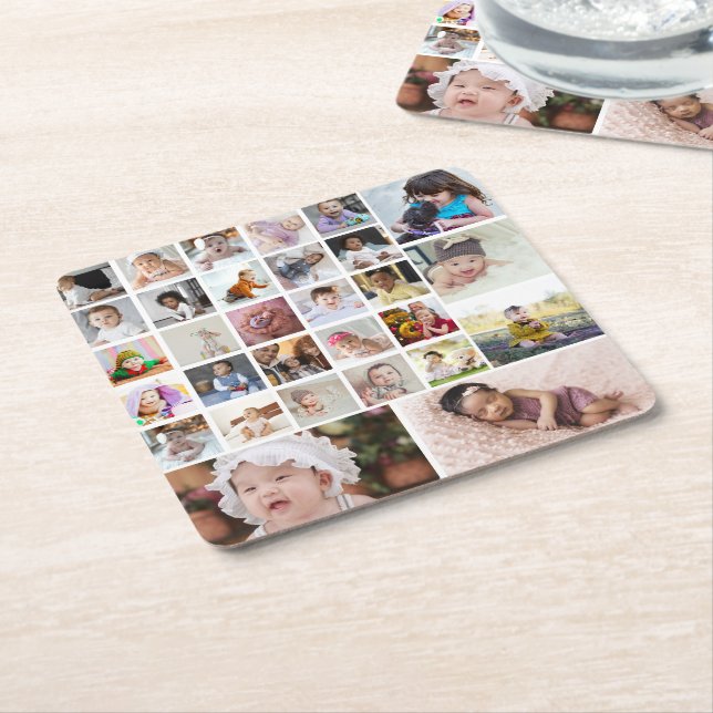 Design Your Own 30 Photo Collage Square Paper Coaster (Angled)