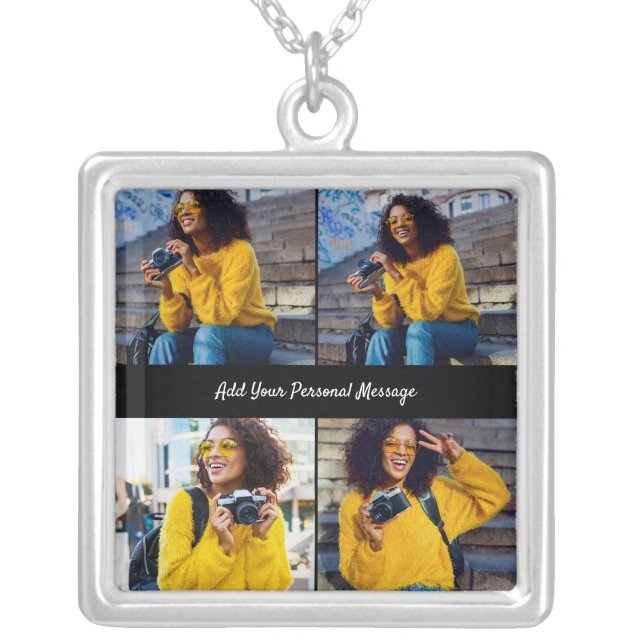 Design Your Own 4 Photo Collage Silver Plated Necklace (Front)