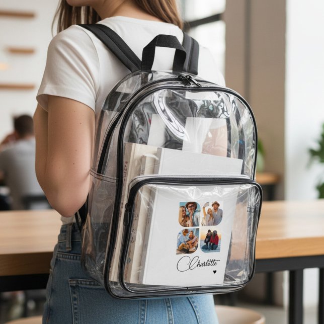 Design Your Own 4 Photo Personalized Name Clear Backpack (Creator Uploaded)