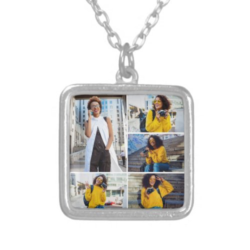 Design Your Own 5 Photo Collage Silver Plated Necklace