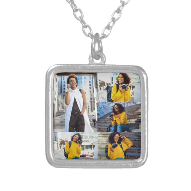 Design Your Own 5 Photo Collage Silver Plated Necklace (Front)