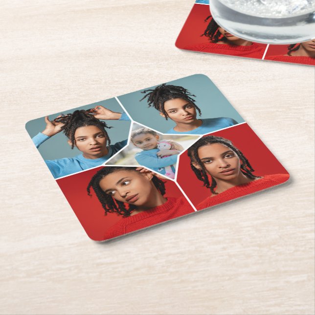 Design Your Own 5 Photo Collage Square Paper Coaster (Angled)